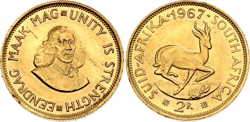 South Africa 2 Rand 1967
KM# 64, N# 22080; Gold (.917) 7.99 g.; Jan van Riebeec...