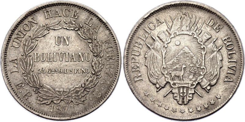 Bolivia 1 Boliviano 1871 PTS ER
KM# 155.3, N#23868; Silver 24.97 g.; Potosi Min...