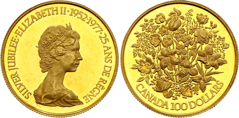 Canada 100 Dollars 1977
KM# 119, N# 14922; Gold (.917) 16.96 g., Proof; Elizabe...