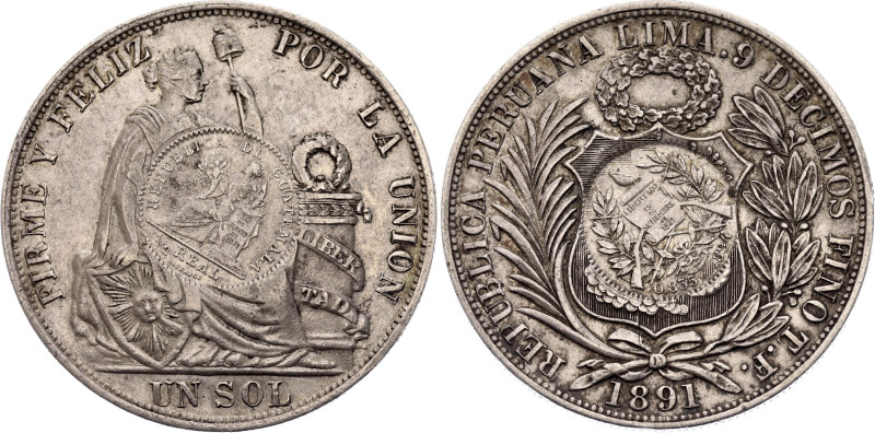 Guatemala 1 Peso 1894 (1891) Counterstamped over Peru 1 Sol 1891 T.F.
KM# 224, ...