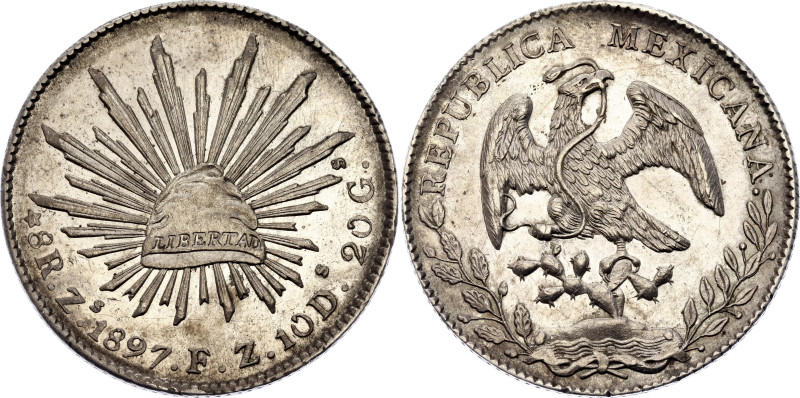 Mexico 8 Reales 1897 Zs FZ
KM# 377.13, N# 7394; Silver 26.97 g.; Zacatecas Mint...