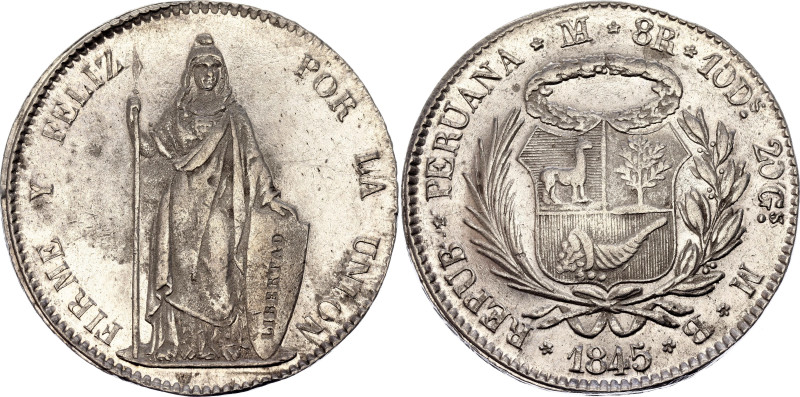 Peru 8 Reales 1845 LIMAE MB
KM# 142.10, N# 28262; Silver 27.00 g.; Lima Mint; A...