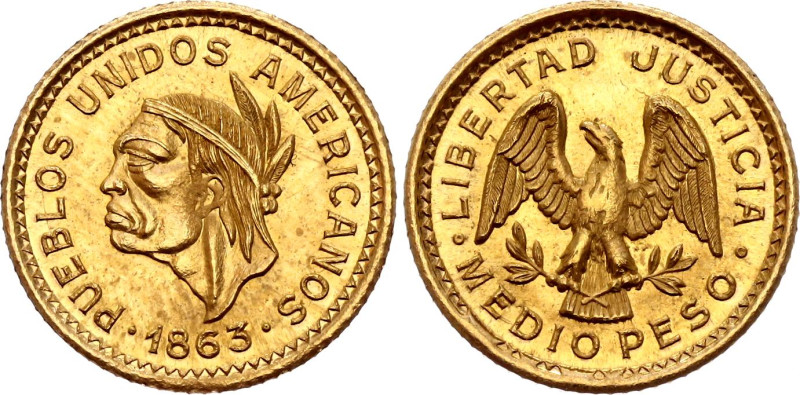 Venezuela 1/2 Peso 1863
Gold 1.14 g., 13 mm.; Obv: PUEBLOS UNIDOS AMERICANOS . ...