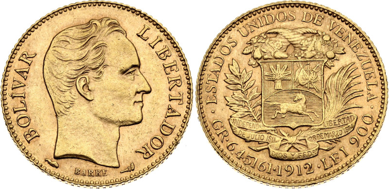 Venezuela 20 Bolivares 1912
KM# 32, N# 42581; Gold (.900) 6.45 g.; Paris Mint; ...