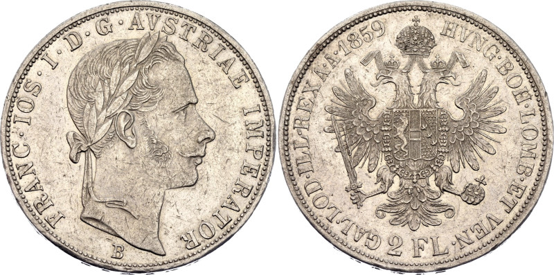 Austria 2 Florin 1859 B
KM# 2230, N# 33642; Silver 24.65 g.; Franz Joseph I; Kr...