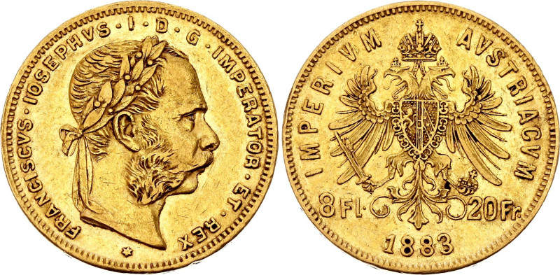 Austria 8 Florin / 20 Francs 1883
KM# 2269, N# 17723; Gold (.900) 6.43 g.; Fran...