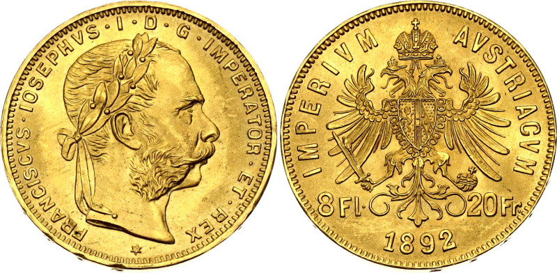 Austria 8 Florin / 20 Francs 1892
KM# 2269, N# 17723; Gold (.900) 6.45 g.; Fran...