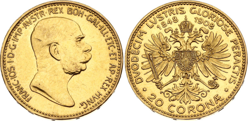 Austria 20 Corona 1908
KM# 2811, Fr# 515, N# 33639; Gold (.900) 6.77 g.; Franz ...