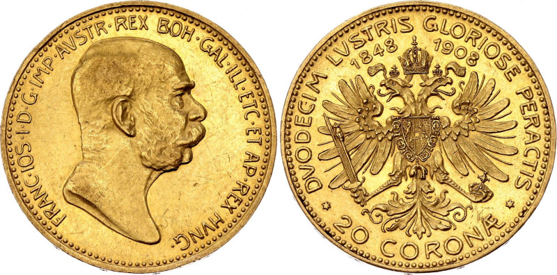 Austria 20 Corona 1908
KM# 2811, Fr# 515, N# 33639; Gold (.900) 6.78 g.; Franz ...