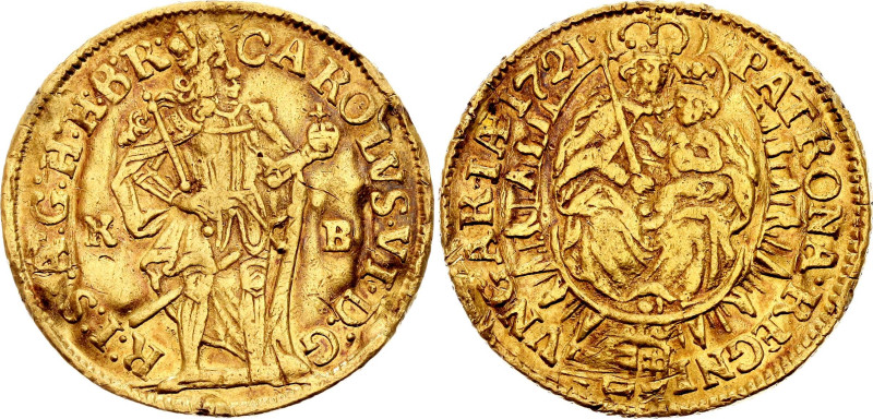 Hungary 1 Ducat 1721 KB
KM# 291, N# 33609; Gold (.986) 3.42 g.; Charles III; XF