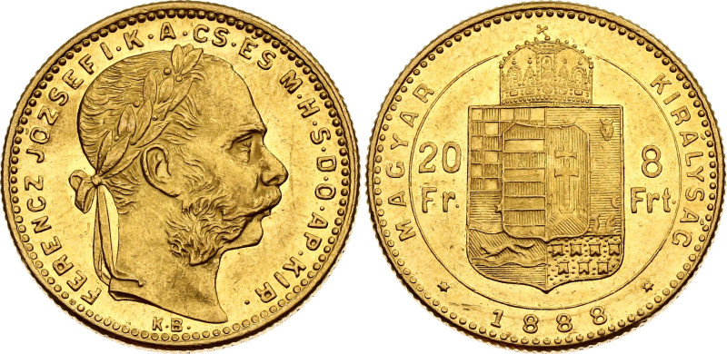 Hungary 20 Francs / 8 Forint 1888 KB
KM# 467, N# 28071; Gold (.900) 6.44 g.; Fr...