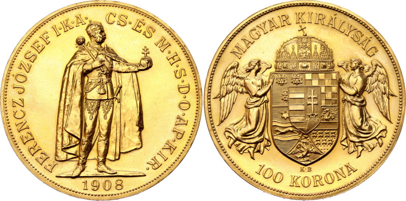 Hungary 100 Korona 1908 KB Restrike
KM# 491, N# 33828; Gold (.900) 33.86 g.; Fr...