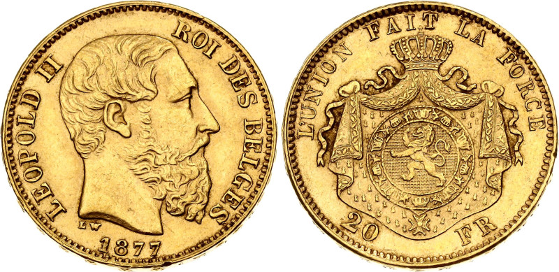 Belgium 20 Francs 1877
KM# 37, N# 7499; Gold (.900) 6.45 g.; Leopold II; XF/AUN...