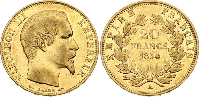 France 20 Francs 1854 A
KM# 781.1, N# 3390; Gold (.900) 6.44 g.; Napoleon III; ...