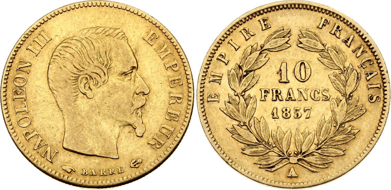 France 10 Francs 1857 A
KM# 784, N# 11337; Gold (.900) 3.19 g.; Napoleon III; P...