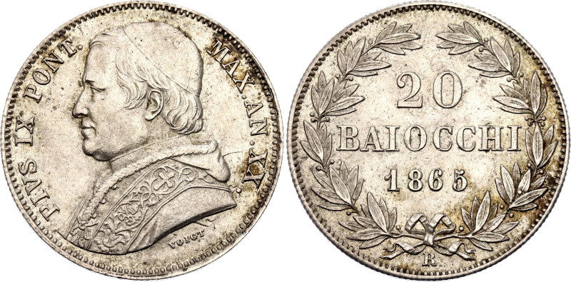 Italian States Papal States 20 Baiocchi 1865 (XX) R
KM# 1360a, N# 38287; Silver...