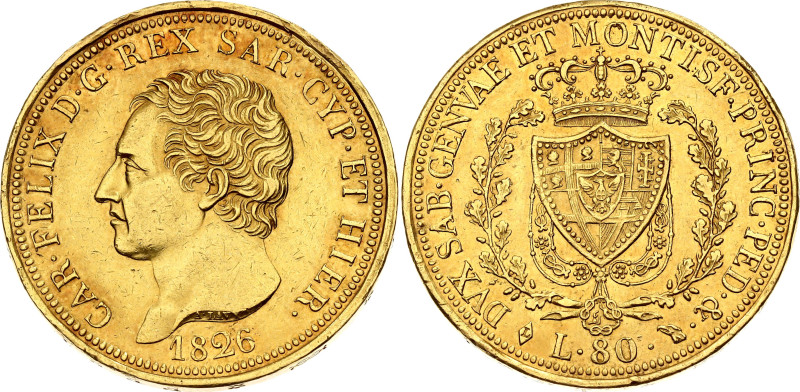 Italian States Sardinia 80 Lire 1826 L
KM# 123.1, N# 21496; Gold (.900) 25.75 g...