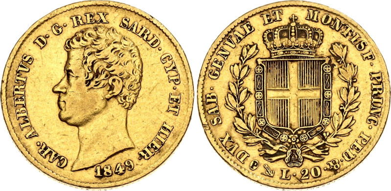 Italian States Sardinia 20 Lire 1849 P
KM# 131, N# 30588; Gold (.900) 6.42 g.; ...