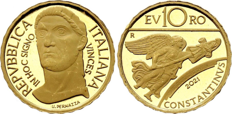 Italy 10 Euro 2021 R
KM# 465, N# 324290; Gold (.900) 3.00 g., Proof; Constantin...