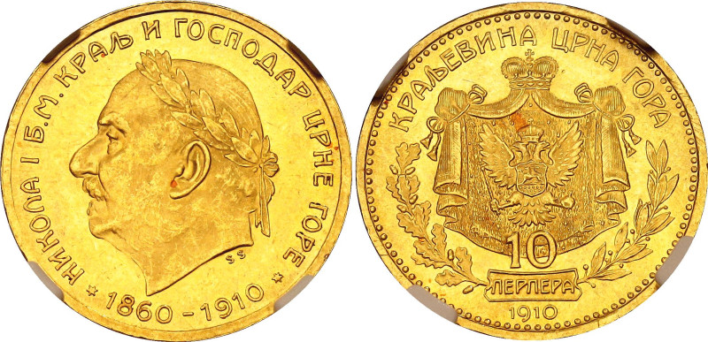 Montenegro 10 Perpera 1910 NGC MS63
KM# 9, Fr# 6, N# 41694; Gold (.900) 3.38 g;...