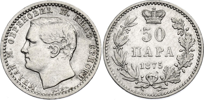 Serbia 50 Para 1875
KM# 4, N# 18046; Silver 2.45 g.; Milan Obrenović IV; AUNC-