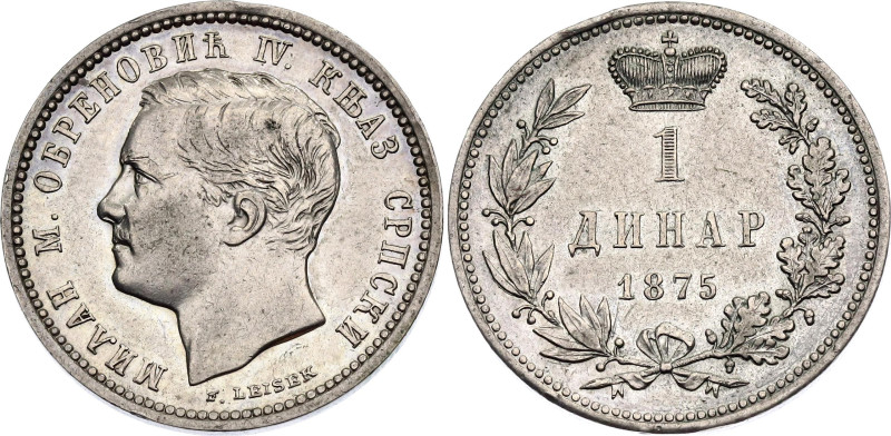 Serbia 1 Dinar 1875
KM# 5, N# 27311; Silver 4.99 g.; Milan Obrenović IV; AUNC