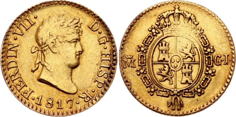 Spain 1/2 Escudo 1817 MGJ
KM# 492, N# 44681; Gold (.875) 1.73 g.; Fernando VII;...