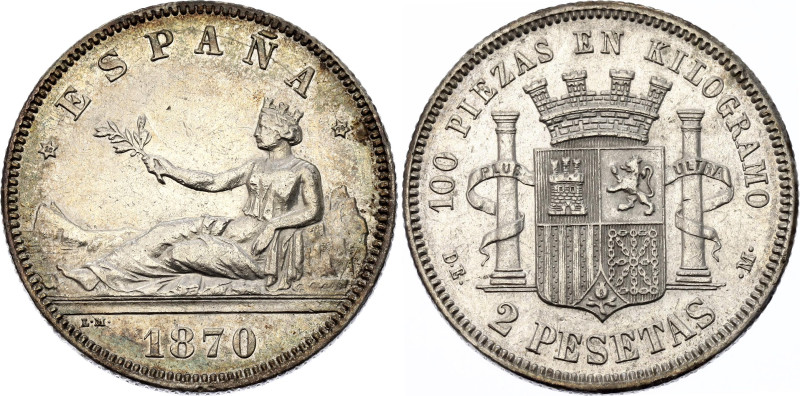 Spain 2 Pesetas 1870 (*1874) DEM
KM# 654, Cal# 10, N# 4010; Silver 10.05 g.; Pr...