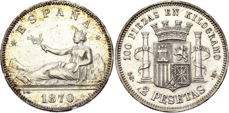 Spain 2 Pesetas 1870 (*1870) SNM
KM# 654, Cal# 6, N# 4010; Silver 9.94 g.; Prov...