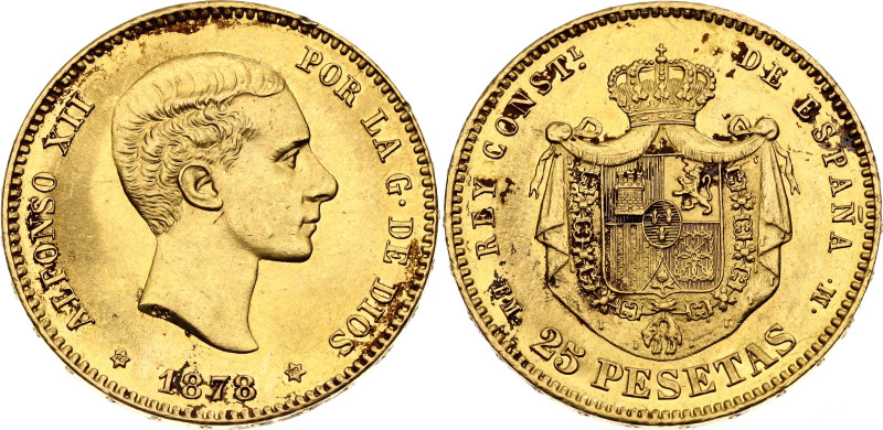 Spain 25 Pesetas 1878 (*1878) EMM
KM# 673, Cal#6, N# 14830; Gold (.900) 8.06 g....