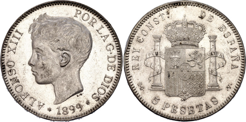 Spain 5 Pesetas 1899 (*1899) SGV
KM# 707, Cal# 28, N# 10782; Silver 25.20 g.; A...