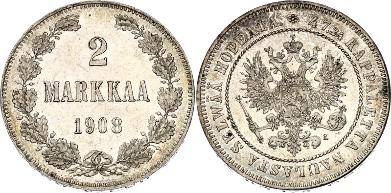 Russia - Finland 2 Markkaa 1908 L
Bit# 398, KM# 7.2; Silver 10.26 g.; Mintage: ...