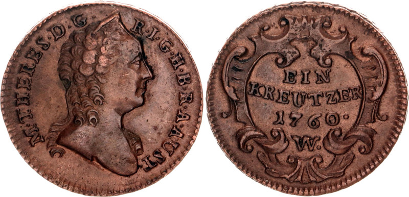 Austria 1 Kreutzer 1760 W
KM# 1993, ÉH# 1272, N# 15634; Copper; Maria Theresia;...