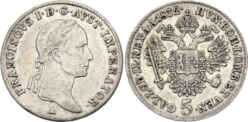 Austria 5 Kreuzer 1832 A
KM# 2126, N# 33666; Silver 2.18 g.; Franz I; Vienna Mi...