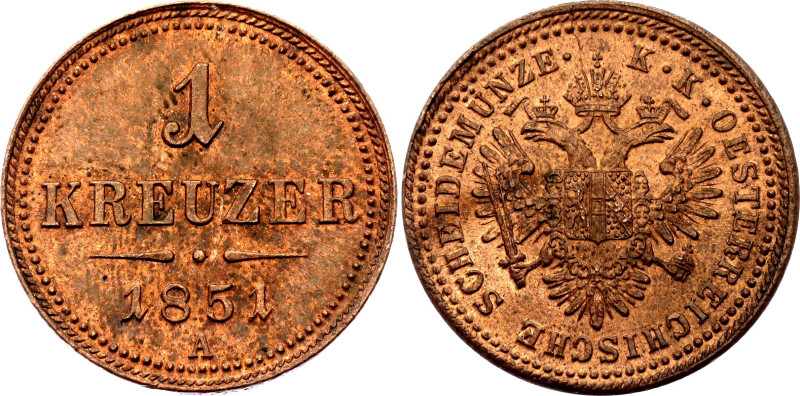 Austria 1 Kreuzer 1851 A
KM# 2185, N# 4847; Copper; Franz Joseph I; Vienna Mint...