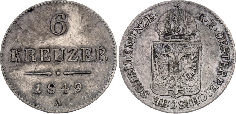 Austria 6 Kreuzer 1849 A
KM# 2200, N# 13821; Silver; Franz Joseph I; XF+