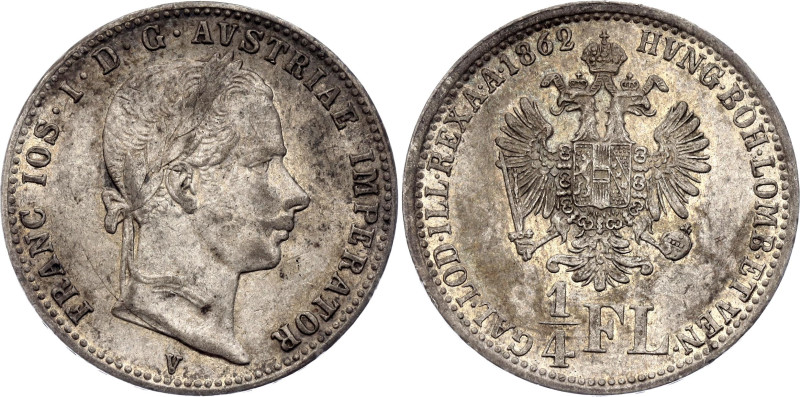 Austria 1/4 Florin 1862 V
KM# 2214, Schön# 123, N# 13806; Silver 5.30 g.; Franz...