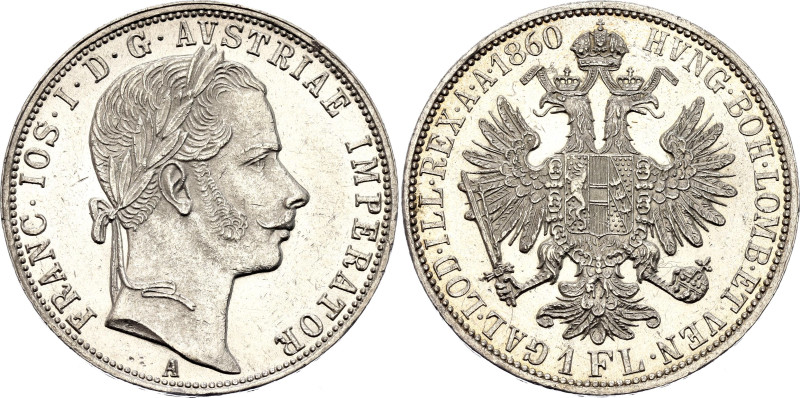 Austria 1 Florin 1860 A
KM# 2219, N# 7004; Silver; Franz Joseph I; UNC with min...