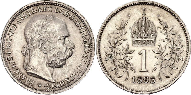 Austria 1 Corona 1893
KM# 2804, N# 5744; Silver 5.00 g.; Franz Joseph I; UNC wi...