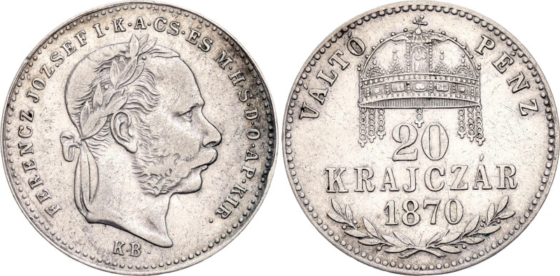 Hungary 20 Krajczar 1870 KB
KM# 452.1, ÉH# 1472, N# 19928; Silver 2.69 g.; Fran...