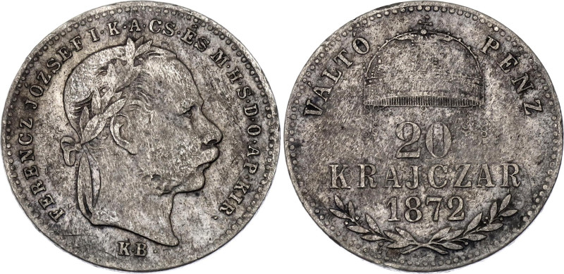 Hungary 20 Krajczar 1872 KB
KM# 452.1, N# 19928; Silver 2.38 g.; Franz Joseph I...