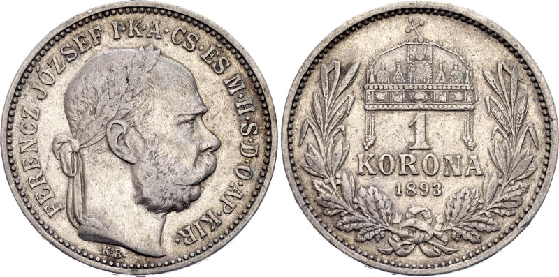 Hungary 1 Korona 1893 KB
KM# 484, N# 7093; Silver 5.00 g.; Franz Joseph I; VF