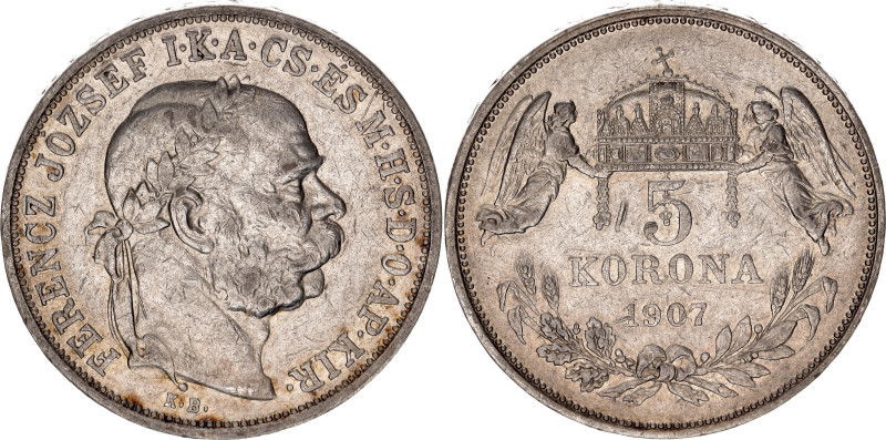 Hungary 5 Korona 1907 KB
KM# 488, N# 12866; Silver 23.8 g.; Franz Joseph I; VF+