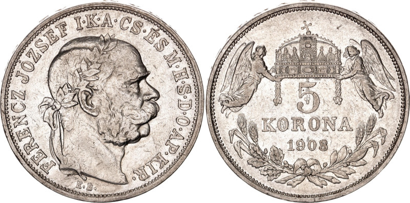 Hungary 5 Korona 1908 KB
KM# 488, N# 12866; Silver; Franz Joseph I; Kremnitz Mi...