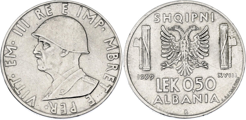 Albania 0.50 Lek 1939 (XVIII) R
KM# 30, N# 11175; Stainless Steel; Vittorio Ema...