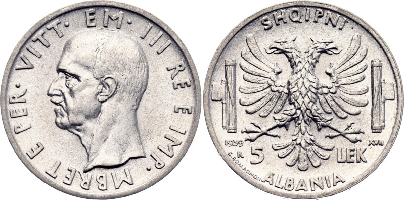 Albania 5 Lek 1939 (XVII) R Italian Occupation WWII
KM# 33, N# 11792; Silver 5....