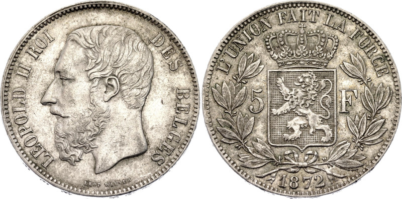 Belgium 5 Francs 1872
KM# 24, N# 276; Silver 25.00 g.; Leopold II; Brussels Min...