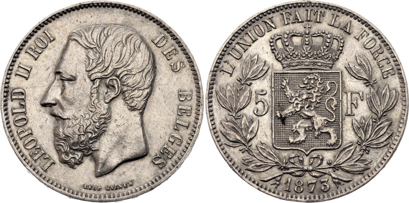 Belgium 5 Francs 1873
KM# 24, N# 276; Silver 25.06 g.; Leopold II; Brussels Min...