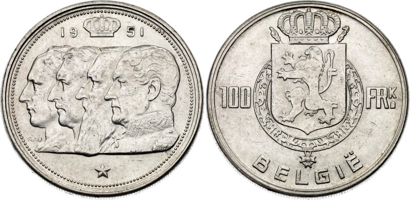 Belgium 100 Francs 1951
KM# 139, LA# BFM-199, N# 1877; Dutch text; Silver 18.13...