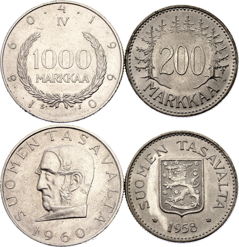 Finland 200 - 1000 Markkaa 1958 -1960
KM# 42 - 43; Silver., Total weight 22.23 ...